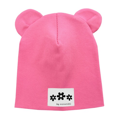 Czapka podwójna z uszkami candy pink kwiatki Minimiki.jpg