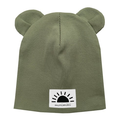 Czapka podwojna prazkowana z uszkami Minimiki khaki  sloneczko
