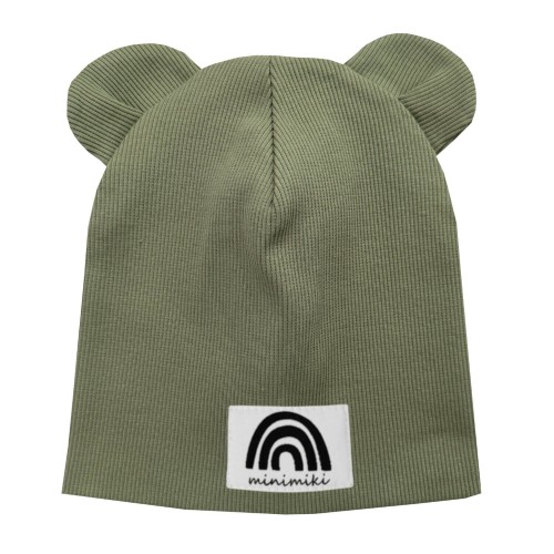 Czapka podwojna prazkowana z uszkami Minimiki khaki  tecza