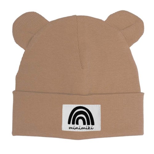 Dziecięca czapka beanie z uszkami Minimiki cappuccino Tęcza