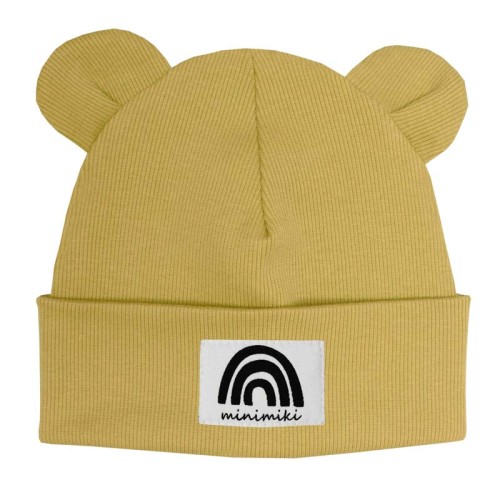 Dziecięca czapka wywijana beanie z uszkami Minimiki słomkowy żółty tęcza