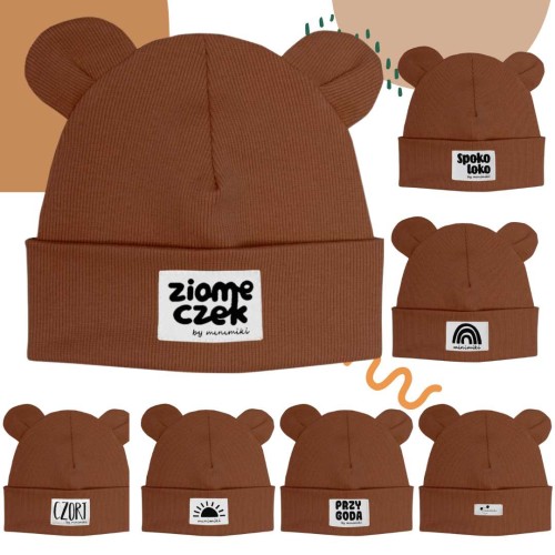 Karmelowa czapka prążkowana beanie z uszkami - Czort, Ziomeczek i inne metki