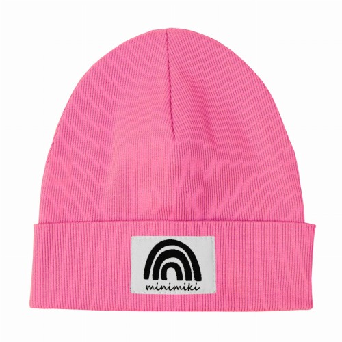 Dziecięca czapka prążkowana wywijana beanie Minimiki candy pink tęcza