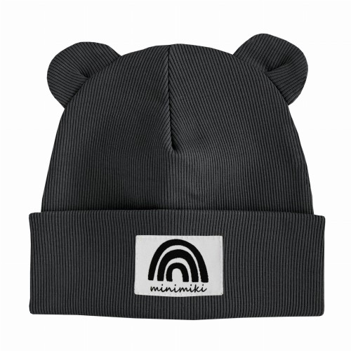Dziecięca czapka wywijana beanie z uszkami Minimiki antracyt tęcza