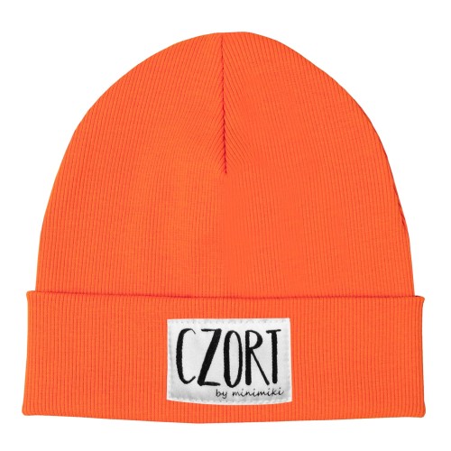 Czapka dziecięca prążek beanie Minimiki electric orange czort