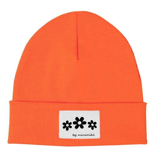 Czapka dziecięca prążek beanie Minimiki electric orange kwiatki