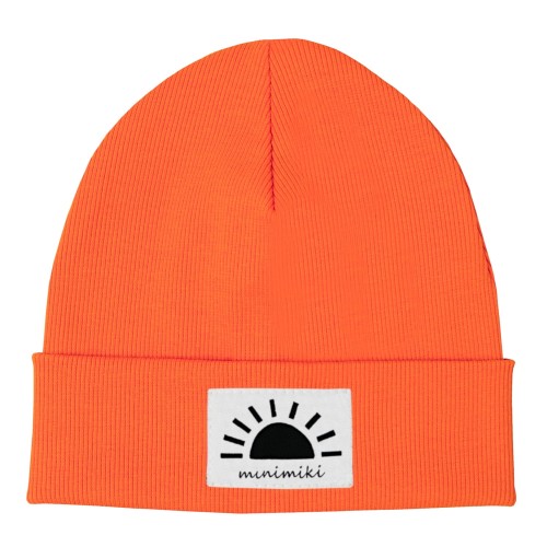 Czapka dziecięca prążek beanie Minimiki electric orange zachód słońca