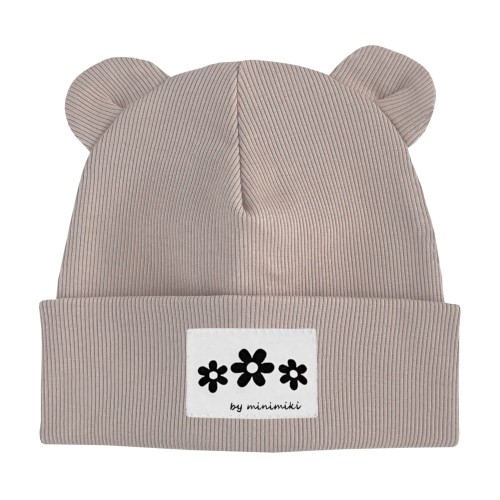 Czapka prążkowana beanie uszatka dziecięca Minimiki sand beige kwiatki