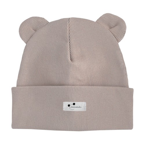 Czapka prążkowana beanie uszatka dziecięca Minimiki sand beige logo