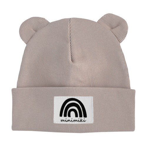 Czapka prążkowana beanie uszatka dziecięca Minimiki sand beige tęcza