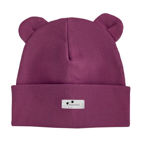 Czapka prążkowana beanie uszatka dziecięca Minimiki wrzos logo