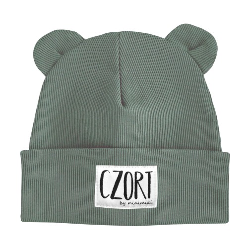 Dziecięca czapka prążkowana beanie z uszkami Minimiki szałwia czort