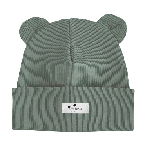 Dziecięca czapka prążkowana beanie z uszkami Minimiki szałwia