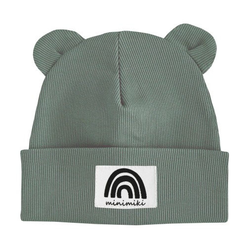 Dziecięca czapka prążkowana beanie z uszkami Minimiki szałwia tęcza