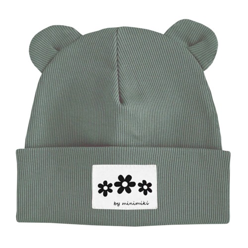 Czapka prążek beanie z uszkami Minimiki szałwia kwiatki