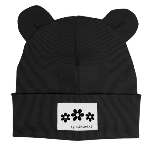 Czapka prążek beanie z uszkami Minimiki czarna kwiatki