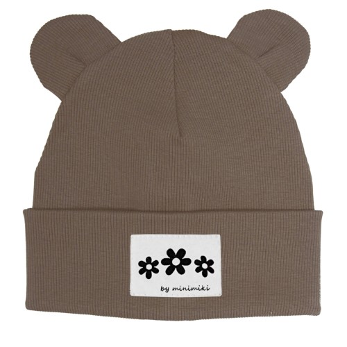 Czapka prążek beanie z uszkami Minimiki mocca kwiatki