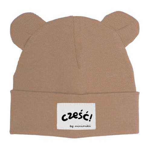 Czapka prążek beanie z uszkami Minimiki cappuccino cześć