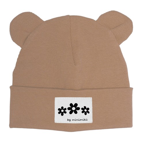 Czapka prążek beanie z uszkami Minimiki cappuccino kwiatki
