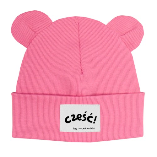 Czapka prążek beanie z uszkami Minimiki candy pink cześć