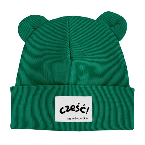 Czapka prążek beanie z uszkami Minimiki butelkowa zieleń cześć