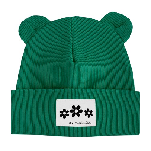 Czapka prążek beanie z uszkami Minimiki butelkowa zieleń kwiatki