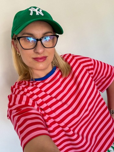 Koszulka damska w paski candy pink - red